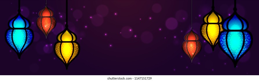 vector illustration banner of Muslim festival Celebration With Decorative Lantern.