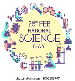 Vector illustration of banner for National Science Day. Scientific laboratory in flat line style.