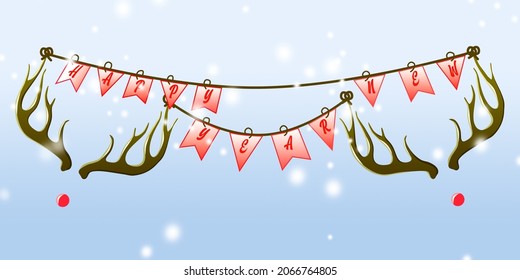 vector illustration of a banner for the new year with deer horns and flags