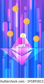 Vektorgrafik eines Banners NTF-Münzen. Unfungible einzigartige Kryptowährung. Heller Hintergrund Vertikales Format