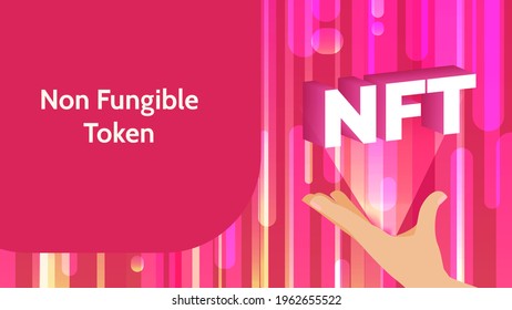 Vector illustration banner with NFT tokens and holding a hand. Non-fungible unique cryptocurrency. Bright red background in horizontal format with place for text