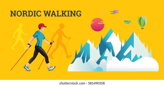Vector illustration banner with Nordic Walking. The flat illustration of sport hiking men.