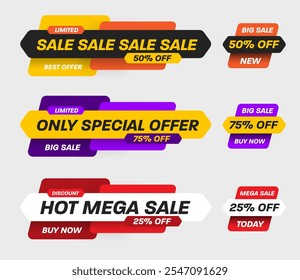 Vector illustration of banner only special offer, mega sale, 25%, 50%, 75%, geometric shapes bright price tag, EPS10. Poster template with discount, flyer for business promotion, advertising. Set