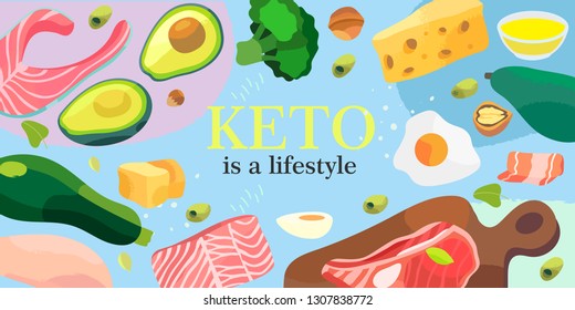 Vector illustration for a banner or other promotional materials. Ketogenic diet products on a colorful background. A set of healthy food.