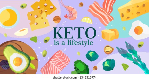 Vector illustration for a banner or other promotional materials. Ketogenic diet products on a colorful background. A set of healthy food.