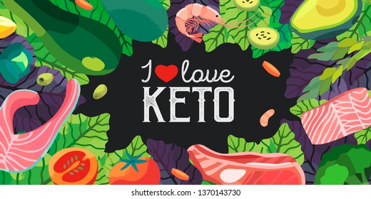 Vector illustration for a banner or other promotional materials. Ketogenic diet products on a black background with floral elements. A set of healthy food.