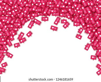 Vector illustration banner with oval frame of likes counter symbols in social network on white background with empty space for text - red 3d icons with heart shapes and quantities.