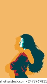 Vector illustration, banner with place for text, women's day, strict serious woman stands in a protest pose, feminism, freedom struggle, protest concept, protection of women's rights