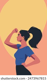 Ilustración vectorial, Anuncio con lugar para el texto, retrato de una mujer, niña mostrando puño, feminismo, lucha por la libertad, concepto de protesta, protección de los derechos de la mujer, símbolo del poder femenino