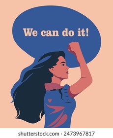 Vector illustration, banner with place for text we can do this, woman portrait, girl showing fist, feminism, freedom struggle, protest concept, protecting women's rights, symbol of female power