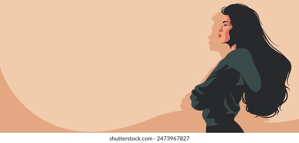 Vector illustration, banner with place for text, women's day, strict serious woman stands in a protest pose, feminism, freedom struggle, protection of women's rights, symbol of female power