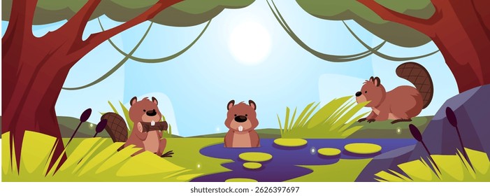 Vector illustration of banner with pond between trees with cute beavers. Wild animal. Canada Day. Cartoon children characters. National symbol. Flat style. Forest background. Flat style.