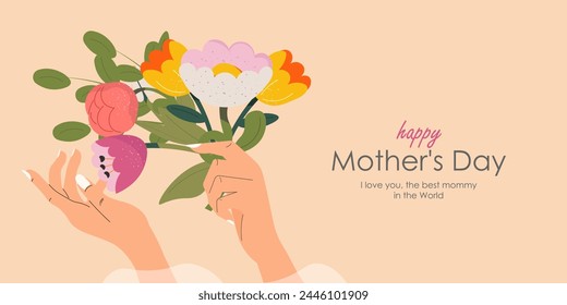 Vector illustration. Banner, postcard. Happy Mother's Day, mother's day. Modern design. floral design. Hands holding a bouquet of flowers.