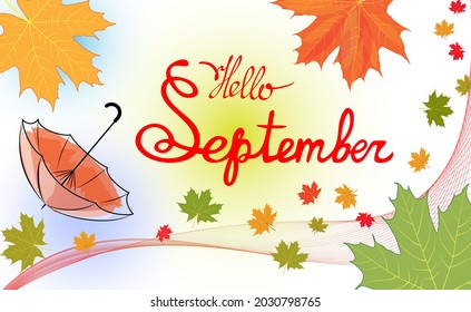 Ilustración vectorial de un cartel o postal. Hola, septiembre. Hojas de otoño, puntos y un paraguas sobre un fondo claro.