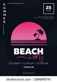 Vector illustration, banner, poster, flyer, inspired by the disco music of the 80s, 3d background, neon, summer party at sunset. Night club, music, beach, palm.