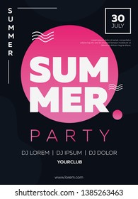 Vector illustration, banner, poster, flyer, inspired by the disco music of the 80s, 3d background, neon, summer party at sunset. Night club, sun, beach.