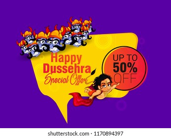 Vector illustration banner or poster for Happy Dussehra Navratri celebration, Lord Rama with hanuman in India holiday advertisement sale promotion offer background. 