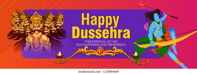 Vector illustration banner or poster for Happy Dussehra Navratri celebration, Lord Rama with hanuman in India holiday advertisement sale promotion offer background. 