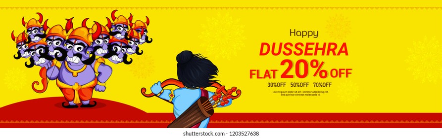 Vector illustration banner or poster for Happy Dussehra Navratri celebration,  Lord Rama killing Ravana in Dussehra festival of India poster for Happy Dussehra