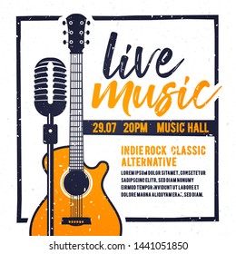 Vector illustration banner or poster for live music festival with orange guitar in retro style