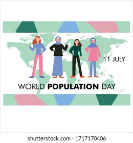 Vector illustration, banner or poster of world population day. People circled around Globe.