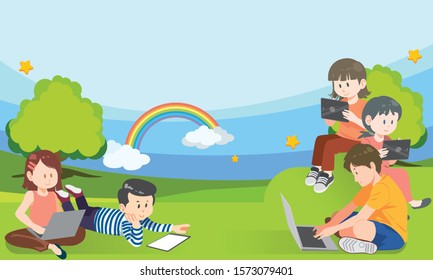 Vector Illustration Of Banner with primary school Kids useing tablet suitable for e-learning content or for social media