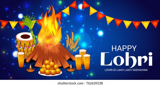 Vector illustration of a Banner for Punjabi Festival of Lohri Celebration with Bonfire and decorated drum.
