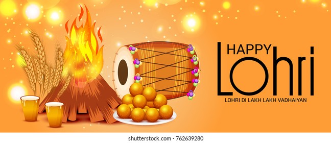 Vector illustration of a Banner for Punjabi Festival of Lohri Celebration with Bonfire and decorated drum.