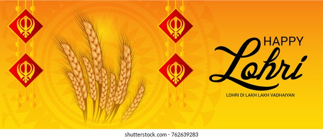Vector illustration of a Banner for Punjabi Festival of Lohri Celebration with Bonfire and decorated drum.