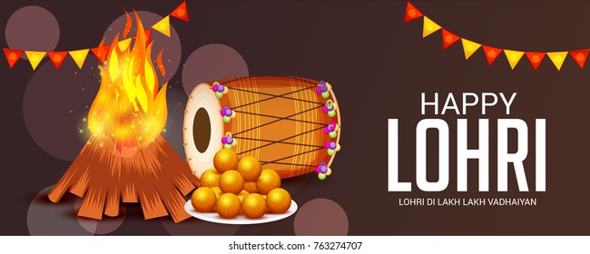Vector illustration of a Banner for Punjabi Festival of Lohri Celebration with Bonfire and decorated drum.
