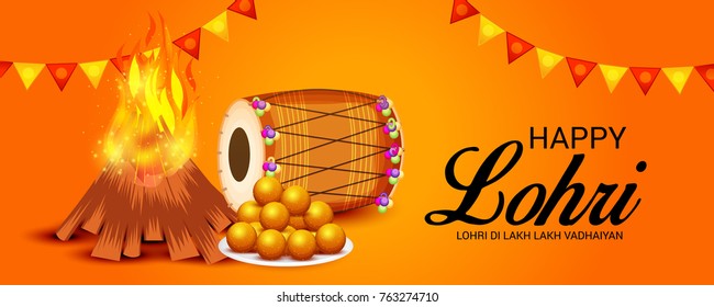 Vector illustration of a Banner for Punjabi Festival of Lohri Celebration with Bonfire and decorated drum.

