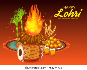 Vector illustration of a Banner for Punjabi Festival of Lohri Celebration with Bonfire and decorated drum.
