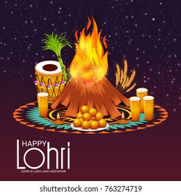 Vector illustration of a Banner for Punjabi Festival of Lohri Celebration with Bonfire and decorated drum.
