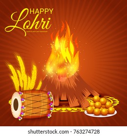 Vector illustration of a Banner for Punjabi Festival of Lohri Celebration with Bonfire and decorated drum.
