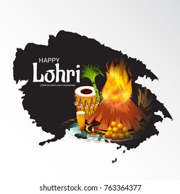 Vector illustration of a Banner for Punjabi Festival of Lohri Celebration with Bonfire and decorated drum.