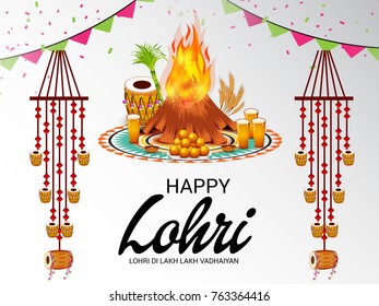 Vector illustration of a Banner for Punjabi Festival of Lohri Celebration with Bonfire and decorated drum.