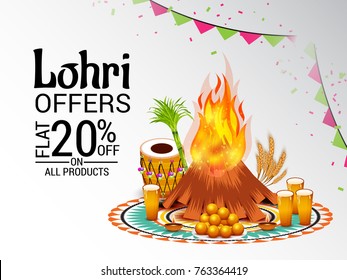 Vector illustration of a Banner for Punjabi Festival of Lohri Celebration with Bonfire and decorated drum.
