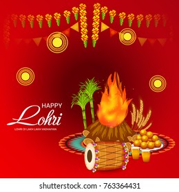 Vector illustration of a Banner for Punjabi Festival of Lohri Celebration with Bonfire and decorated drum.