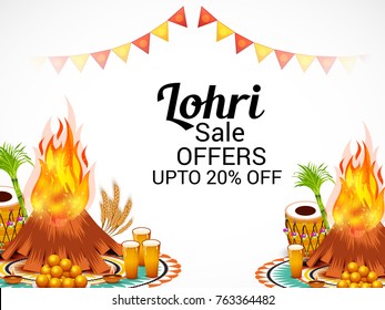 Vector illustration of a Banner for Punjabi Festival of Lohri Celebration with Bonfire and decorated drum.