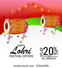 Vector illustration of a Banner for Punjabi Festival of Lohri Celebration with Bonfire and decorated drum.