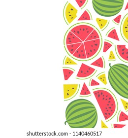 Vector illustration: banner with red and yellow flat watermelon pieces icons with black seeds, green peel and tooth bite and entire striped watermelons isolated on white background