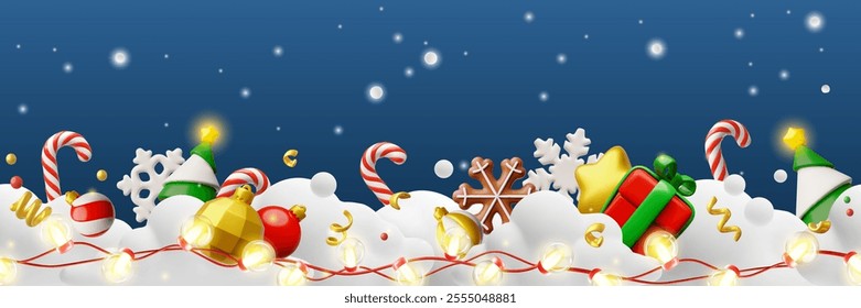 Vector illustration of banner with seamless bottom border pattern with 3d Christmas elements. Fir tree, toys, gingerbread, lollipops in snow with glowing garland. Plastic style. Place for text.