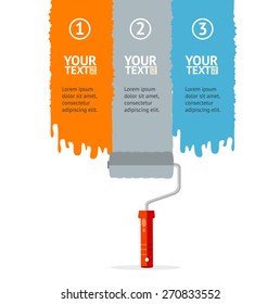 Vector illustration banner set vertical with colorful rollerbrushes.  Orange, grey and blue isolated on a white background, with place for your text 