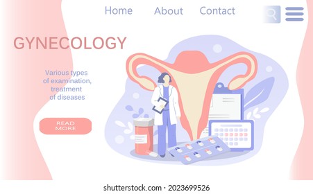 Vektorgrafik, Banner für Website zum Thema Gynäkologie, Untersuchung der Gesundheit der weiblichen Reproduktionssystem. Uterus, Arzt, Tabletten, Reagenzglas. Trend-Illustration in flachem Stil