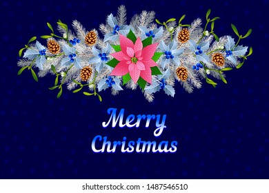 Vector illustration banner snowy Christmas garland
Christmas tree branch, cones, Christmas holly, mistletoe. Decoration for New Year's card.