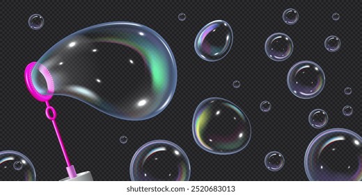 Vector illustration of a banner with soap bubbles of different shapes and sizes, including a blown ring, on a transparent dark background. Perfect for thematic realistic designs.