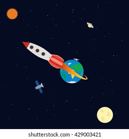 vector illustration. Banner space with planets, rocket, satellite, aircraft. Earth, Saturn, sun, moon. Infographics