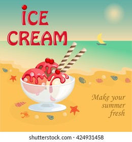 Vector illustration banner with  summer  ice cream on the beach on the vintage background. eps10