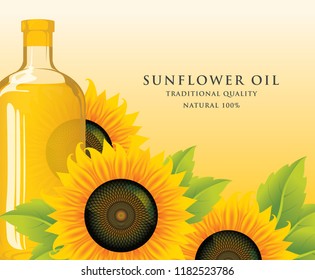 Vector illustration or banner for sunflower oil with full glass bottle, ripe sunflowers and green leaves on yellow background.