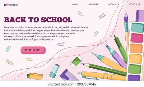 Vector illustration banner template for back to school with pens and other school supplies, in a flat style. Vector illustration